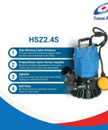 Side view of a blue Beefy Submersible Trash Pump With Built In Float Switch Auto Operation 1/2 Hp 115V 2 Inch Discharge Perfect For Dewatering Sand And Solids 53 GPM 3180 GPH That Keeps It Flowing Smoothly showing cable entrance and impeller.