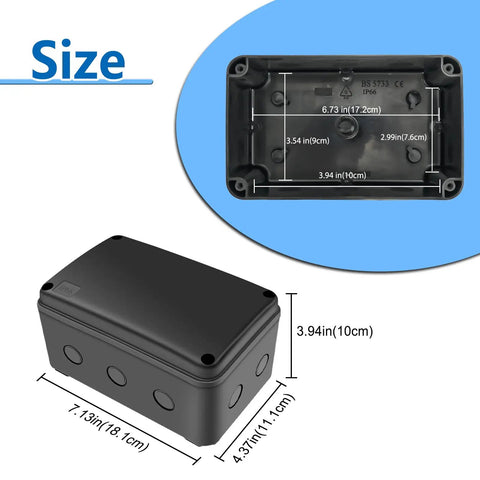 Black IP66 Weatherproof Outdoor Electrical Box Junction Enclosure Built Tough For Outdoors All Weather Ready ABS Plastic External Project Box 7 1/8 by 4 1/2 by 4 Inches 100 Pack, size view