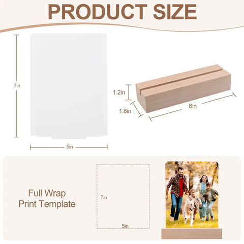 Diagram of 5 by 7 inch sublimation ready heart shape LED acrylic photo frames set with four acrylic panels and two wood stands.