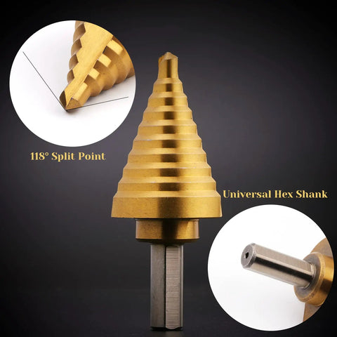 Step Drill Bit Set Unibit 5 Piece HSS Titanium Coated With Automatic Center Punch And Aluminum Case for metal, plastic, wood.