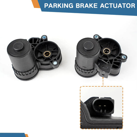 Top Shelf Left And Right Parking Brake Actuator Motor For Jaguar Epace Fpace Ipace Xe Xf Land Rover Discovery Sport Range Rover Evoque Velar 2015 To 2024 2.0L 3.0L 5.0L Replaces Lr061382 Lr061386, showing dual black actuators with detailed connectors.