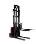 Heavy Duty Electric Pallet Stacker delivers rock solid performance with adjustable forks, 3300 lb capacity, 118 inch lift height.