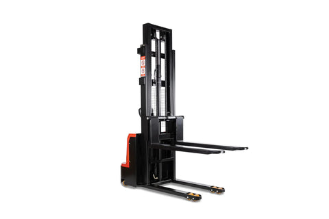 Heavy Duty Electric Pallet Stacker delivers rock solid performance with adjustable forks, 3300 lb capacity, 118 inch lift height.
