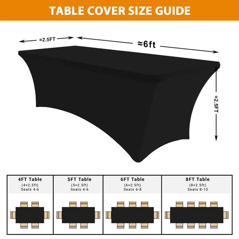 Rectangular Fitted Spandex Table Covers For 6ft Tables Two Pack Black Stretch Tablecloth size guide illustration