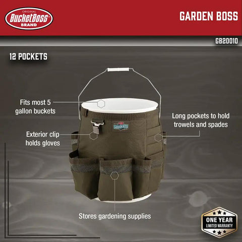 Workhorse Garden Bucket Tool Organizer fits 5 gallon buckets, brown, with long pockets for tools, made from heavy duty 600D ripstop fabric.