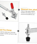Image of a heavy duty iron toggle clamp with a red handle and rubber tip, ideal for woodworking and welding, highlighting material and features.