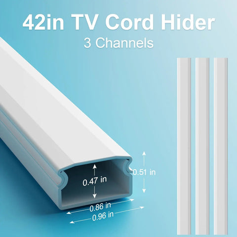 42in white cord hider showing dimensions for wall mounted TV cables, part of the Cord Hider Kit For Wall Mounted TV Cables White Easy Cable Management Concealer For HDMI Power And Internet Cords On Wall Keeps Wires Hidden And Tidy With A Simple No Fuss Install