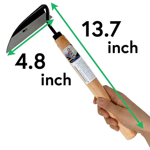 Hand holding Workhorse Weeding Sickle For Precision Weed Removal In The Yard Durable Japanese Made Nejiri Gama Style Tool, 13.7 inch length
