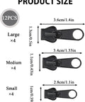 Complete 12 Piece Black Zip Puller Repair Kit With 3 Slider Sizes for jackets, luggage, and backpacks product size chart