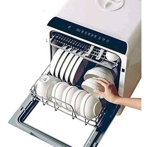 Fully Automatic Portable Countertop Dishwasher Crafted From Premium Stainless Steel Packs Led Control Panel Rapid Air Dry Cycle Easy Sink Hook Up And Six Place Settings For Knock Out Cleanup With Zero Hustle, loaded with plates.