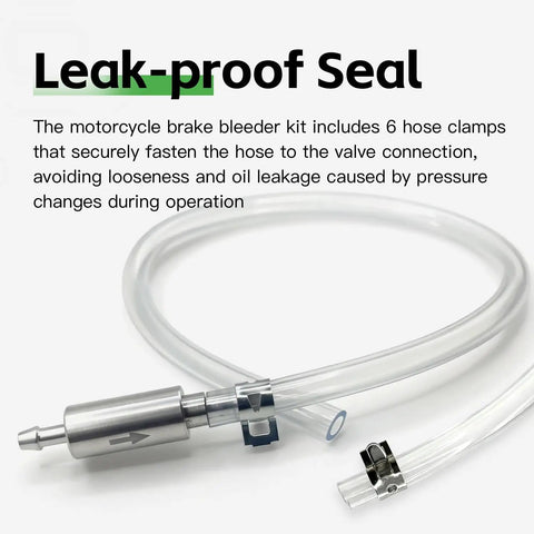 Universal Brake Bleeder Hose Kit With One Way Check Valve For Cars And Motorcycles shown with soft tubing and clamp