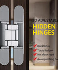 Hidden Door Hinges 6 Inch Heavy Duty Concealed Zinc Alloy 180 Degree Swing 3 Way Adjustable Butt Hinge For Secret Doors Low Profile Stealth Design Invisible Door Hardware Silver 2 Pack, shown installed in wood door.