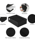 4 Pack T Shirt Drawer Organizers With Eight Grid Compartments For Closet Storage Keeps It Tidy Built From Durable Nonwoven Fabric With Sturdy PP Board Sides Washable Organizer For Folded Clothes Leggings Silk Scarves Black showing dividers, PP board, and fabric details.