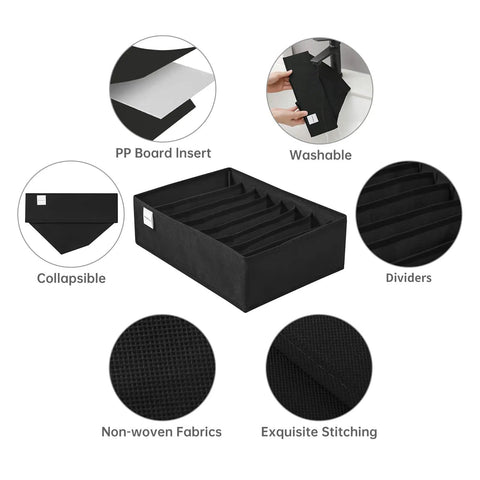 4 Pack T Shirt Drawer Organizers With Eight Grid Compartments For Closet Storage Keeps It Tidy Built From Durable Nonwoven Fabric With Sturdy PP Board Sides Washable Organizer For Folded Clothes Leggings Silk Scarves Black showing dividers, PP board, and fabric details.