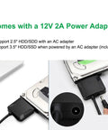 Plug And Play SATA To USB 3.0 External Adapter Cable for 2.5 Inch and 3.5 Inch HDD and SSD with 12V 2A power supply shown connected.