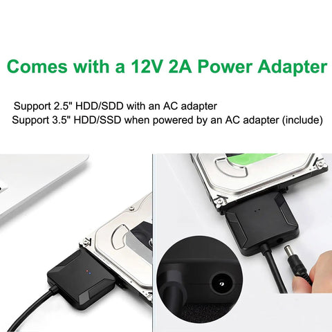 Plug And Play SATA To USB 3.0 External Adapter Cable for 2.5 Inch and 3.5 Inch HDD and SSD with 12V 2A power supply shown connected.