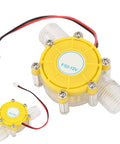 Close-up of a yellow and clear 12V Micro Hydro Generator Portable Water Turbine For Off Grid Power with dual cable connectors