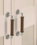 Walnut Wood Door Pull Handle Set For Barn Doors Gates Fence Closets And Sheds Smooth Polished Grip With Brass Accent Heavy Duty 8 Screw Mount Easy Install Indoor Or Outdoor Handrail Replacement on light-colored doors