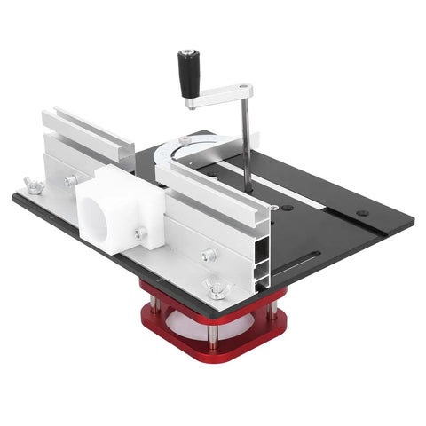 Router Lift System With 4 Jaw Clamping, 51mm Stroke Base Plate For 64/66mm Motors, Engraving Slotting Trimming Chamfering Machines, Universal Table Saw Insert Mount For Woodworking Machinery, aluminum base with hand crank