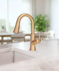 hansgrohe Joleena Pull Down Kitchen Faucet, Transitional, Magnetic Hand Sprayer, 1-Handle, 1.75 GPM, Brushed Bronze, 04112140 on kitchen counter