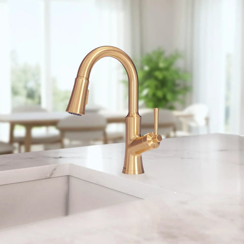 hansgrohe Joleena Pull Down Kitchen Faucet, Transitional, Magnetic Hand Sprayer, 1-Handle, 1.75 GPM, Brushed Bronze, 04112140 on kitchen counter