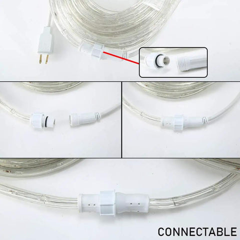 Close-up of 50FT 360 LED Waterproof Rope Lights 110V Connectable Indoor Outdoor White LED Rope Lights showing connectors and plugs.
