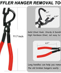 Universal Exhaust Hanger Removal Tool And 4 Holes Rubber Kit showing heavy duty pliers with measurements and steel hook detail.