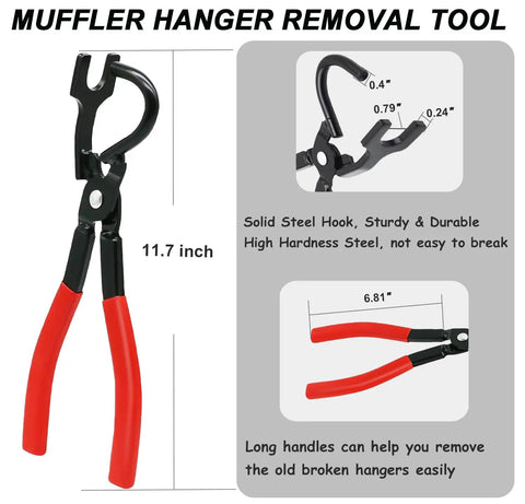 Universal Exhaust Hanger Removal Tool And 4 Holes Rubber Kit showing heavy duty pliers with measurements and steel hook detail.