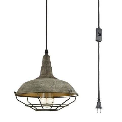 Farmhouse Plug In Pendant Light With 16 Feet Hanging Cord And Wire Cage Shade in dark charcoal gray for cool industrial chic vibe