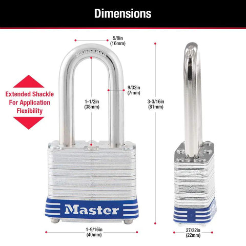 Diagram displaying measurements of a heavy duty outdoor padlock, 4 pack keyed alike for gates, laminated steel body and hardened shackle