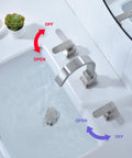 Widespread 8 Inch Bathroom Faucet With Brushed Nickel Finish 3 Hole Square Sink Faucet Overflow Pop Up Drain CUPC Supply Lines Ceramic Cartridge Modern Waterfall Swivel Spout, water flowing.