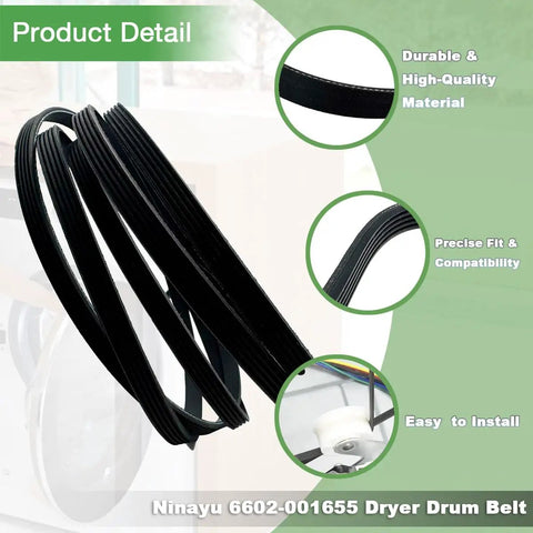 Beefed Up Dryer Drum Belt Replacement For Samsung Washers 6602001655 shown in close-up with material details.