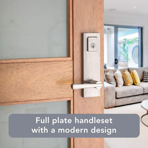Spyglass Single Cylinder Front Door Handleset With SmartKey Security in Satin Nickel shown on a wooden door in modern interior
