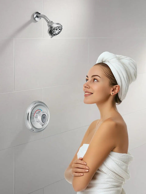 Woman standing in shower looking at Shower Faucet Handle Replacement Kit 100710 Compatible With Posi-Temp Valve installed on wall