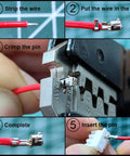 Steps to use 2.54mm JST Pin Header Connector Kit With Ribbon Cables And Heat Shrink Tubing, including wire stripping and pin insertion.