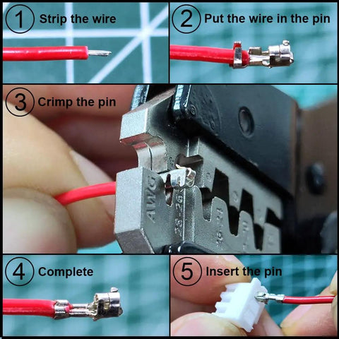 Steps to use 2.54mm JST Pin Header Connector Kit With Ribbon Cables And Heat Shrink Tubing, including wire stripping and pin insertion.