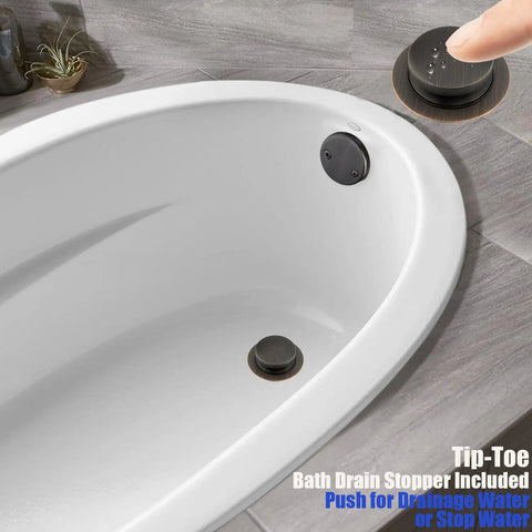 One And A Half Inch Black Tubular Bath Drain Kit With Tip Toe Touch Toe Drain Stopper Overflow Plug Face Plate Screws And Oil Rubbed Bronze Finish For No Fuss Easy Tub Drain Replacement installed in bathtub