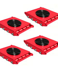 Heavy Duty Machine Skate Dolly Heavy Hitter Industrial Rolling Platform Featuring 360 Degree Rotating Turntable Tough As Nails Steel Construction For Zero Sweat Equipment Transport. Set of four red rollers with black turntables.