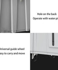 Portable Evaporative Air Cooler With Three Speed Settings And Ultra Quiet Motor For Home Office Or Garage Use showing back hole for water pipe and universal guide wheel for easy mobility.