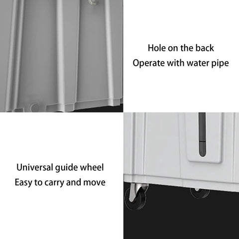 Portable Evaporative Air Cooler With Three Speed Settings And Ultra Quiet Motor For Home Office Or Garage Use showing back hole for water pipe and universal guide wheel for easy mobility.