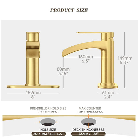 Dimensions of Single Handle Waterfall Bathroom Faucet In Brushed Gold With 6 Inch Deck Plate Includes Metal Pop Up Drain.