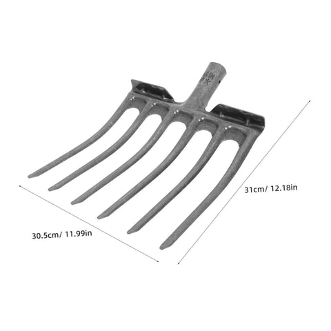 High-Performance Steel Soil Loosening Fork With Four-Tooth Design For Deep Soil Aeration And Easy Mount Handle, shown with dimensions
