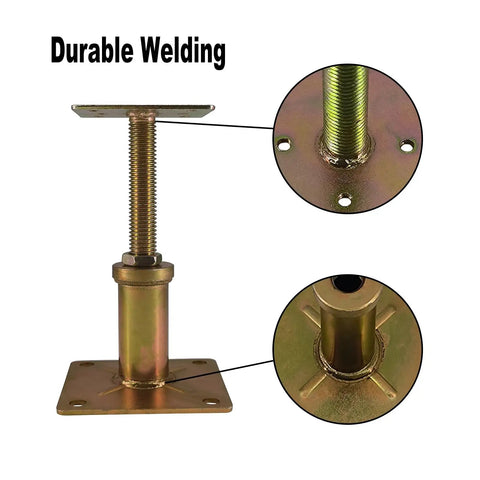 Close-up of Beefy Built Tough Adjustable Floor Jacks with galvanized screw post poles, highlighting durable welding and zinc-plated finish.