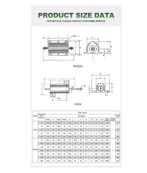 Product size data for Heavy Duty 30 Watt Power Resistor Rx24 Series showing dimensions and specifications in mm.