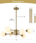 Dimensions of Six Light Sputnik Modern Pendant Chandelier With Opal White Glass Globes Height Adjustable Gold Finish