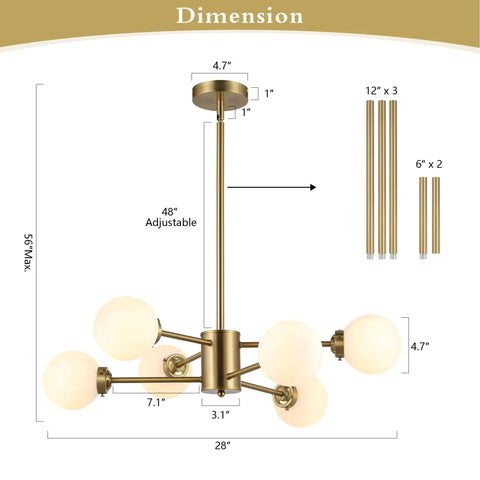 Dimensions of Six Light Sputnik Modern Pendant Chandelier With Opal White Glass Globes Height Adjustable Gold Finish