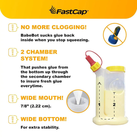BabeBot 4-Ounce Wide Mouth Glue Bottle With Replaceable Tips, No Drip Design, displayed with features and yellow cap.