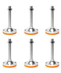 Rock Solid Heavy Duty Leveling Screw Legs Adjustable Threaded Feet For Furniture And Machinery 9 Piece Set, steel and orange rubber base.