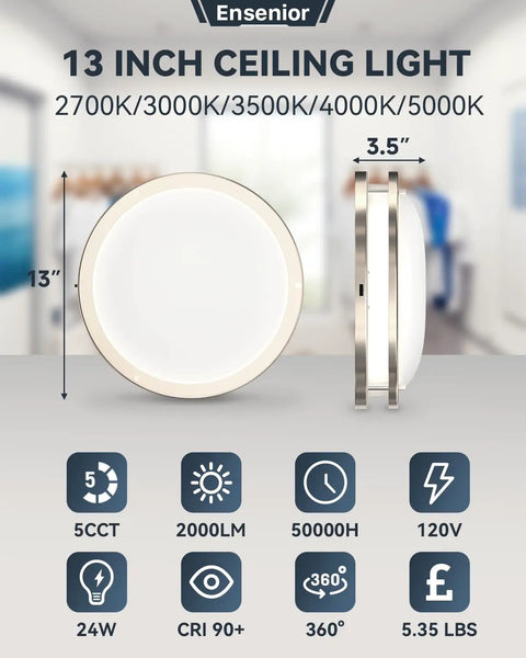 13 Inch LED Flush Mount Ceiling Light With Frosted Glass Shade, Dimmable, 5CCT Adjustments 2700K To 5000K, Brushed Nickel Finish