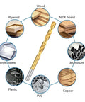Image showing drill bit with materials it can drill: wood, MDF board, aluminum, copper, PVC, plastic, acrylic from Three Sixteenth to One Half Inch Drill Bit Set.